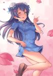  1girl blue_hair brown_eyes cherry_blossoms china_dress chinese_clothes long_hair love_live!_school_idol_project open_mouth parfaitlate solo sonoda_umi wink 