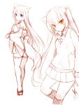  2girls blue_eyes blush long_hair looking_back monochrome multiple_girls naomi_(sekai_no_hate_no_kissaten) original simple_background sketch skirt spot_color tail thigh-highs twintails white_background yellow_eyes 