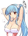  1girl adjusting_hair armpits arms_up blue_hair blush breasts bust character_request cleavage himukai_kyousuke large_breasts long_hair mouth_hold ponytail red_eyes sketch solo tying_hair 
