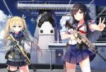  2girls angled_foregrip assault_rifle benelli_m1014 black_hair blonde_hair blue_eyes eotech gloves gun hair_ribbon handgun highres holster knife long_hair m4_carbine multiple_girls original ribbon rifle scarf school_uniform serafuku shotgun space_craft space_shuttle thigh-highs thigh_holster trigger_discipline twintails v weapon yuri_shoutu zettai_ryouiki 