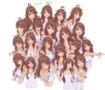  1girl ahoge alternate_hair_color artist_name bangs bare_shoulders blush brown_hair clone closed_eyes dress green_eyes hoshii_miki idolmaster long_hair looking_at_viewer one_eye_closed open_mouth ponytail rod4817 sad sleeveless smile surprised swept_bangs v white_dress 