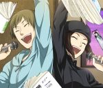  1boy 1girl black_hair brown_hair closed_eyes durarara!! hat karisawa_erika long_hair microphone save_(naita_aooni) short_hair smile yumasaki_walker 