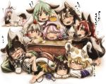  6+girls :d ^_^ animal_ears black_hair blazer bunny_tail cat_ears cat_tail chen closed_eyes comic dog_ears drooling eating food fruit futatsuiwa_mamizou glasses hairband hat heart holding imaizumi_kagerou inaba_tewi inubashiri_momiji kaenbyou_rin kasodani_kyouko komeiji_koishi komeiji_satori kotatsu kouji_oota leaf leaf_on_head long_hair lying mandarin_orange mochi multiple_girls multiple_tails on_stomach open_mouth pince-nez pleated_skirt rabbit_ears reisen_udongein_inaba scarf school_uniform short_hair sitting skirt smile table tail third_eye tokin_hat touhou translation_request wagashi wariza wolf_ears wolf_tail yakumo_ran 