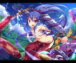  1girl armpits ass bangs bare_shoulders bow budget_sarashi bushidou_(sekaiju) clouds collarbone fang flat_chest floating_island grass hair_bow hakama holding_sword holding_weapon ishii666 japanese_clothes leaning_forward long_hair looking_at_viewer midriff nature open_mouth outdoors payot ponytail purple_hair red_eyes sarashi scabbard sekaiju_no_meikyuu severed_limb sheath shield side_slit sky solo standing sword tree vambraces very_long_hair weapon 