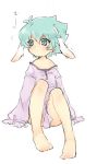  1boy animal_ears barefoot green_eyes green_hair johan_andersen male_focus off_shoulder rabbit_ears short_hair sitting sketch solo tobi_(one) white_background yuu-gi-ou yuu-gi-ou_gx 