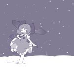  1girl bow cirno closed_eyes dress hair_bow hiyori_(higanahannnti) ice ice_wings open_mouth ribbon short_hair smile snow solo touhou wings 