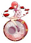  1girl :o after_battle blush boots dairi damaged drum highres hole horikawa_raiko hurt injury instrument jacket legs looking_at_viewer necktie open_mouth pink_hair red_eyes sad short_hair skirt solo tachi-e torn_clothes torn_jacket torn_shirt torn_skirt touhou v_arms 