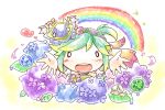  1girl :d blush dragon flower green_hair hair_flower hair_ornament leaf looking_at_viewer nyagakiya open_mouth orb outstretched_arms plan_(p&amp;d) puzzle_&amp;_dragons short_hair smile snail solid_circle_eyes solo sparkle 
