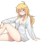  1girl ahoge bespectacled blonde_hair blush breasts cleavage g.t glasses green_eyes hoshii_miki idolmaster legs long_hair looking_at_viewer purple-framed_glasses semi-rimless_glasses shirt simple_background sitting smile solo under-rim_glasses white_background 