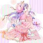  1girl adapted_costume alternate_costume asuka_(meruhen67) barefoot bow capelet crescent dress hair_bow hair_ornament hat hat_bow highres kneeling long_hair looking_at_viewer looking_back mob_cap patchouli_knowledge pink_legwear purple_hair ribbon sleeveless solo striped striped_dress thigh-highs touhou violet_eyes 