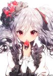  1girl artist_name bangs blush drill_hair eating food food_as_clothes frills fruit grey_hair hair_ornament hair_ribbon idolmaster idolmaster_cinderella_girls kanzaki_ranko lace long_hair long_sleeves looking_at_viewer red_eyes ribbon simple_background solo sorolp strawberry twin_drills twintails white_background 