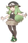  1girl blue_(pokemon) commentary_request fusion green_eyes green_hair hanomido hat long_hair midriff n_(pokemon) navel outstretched_arms parted_lips pokemon pokemon_(game) pokemon_bw pokemon_frlg simple_background skirt smile solo standing white_background wristband 