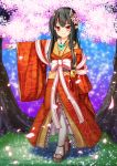  1girl bell black_hair bow cherry_blossoms cherry_trees flower hair_flower hair_ornament highres horn_ribbon horns japanese_clothes katana kimono long_hair magatama original outstretched_arm petals playjoe2005 red_eyes ribbon sandals sheath sheathed sword weapon wide_sleeves 