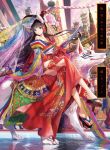  1girl bare_shoulders black_hair blue_eyes clouds collarbone face_mask floral_print flower fuji_choko hat highres huge_weapon japanese_clothes katana kimono long_hair mask off_shoulder original riding sitting sky solo sword thighs tower town veil very_long_hair weapon wolf 