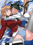  2girls ;) animal_ears blue_eyes blue_panties blue_sky blush breasts bunny_tail charlotte_e_yeager closed_eyes clouds flying francesca_lucchini green_hair highres hug large_breasts long_hair long_sleeves maru_(maruttona) military military_uniform multiple_girls one_eye_closed orange_hair panties rabbit_ears sky smile strike_witches striker_unit striped striped_panties tail twintails underwear uniform years 