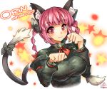  1girl animal_ears bow braid breasts cat_ears cat_tail dress green_dress hair_bow juliet_sleeves kaenbyou_rin large_breasts long_sleeves multiple_tails paw_pose puffy_sleeves red_eyes redhead smile solo star tail tail_bow touhou twin_braids umigarasu_(kitsune1963) 