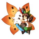  1girl boots bow brown_hair chibi hair_bow highres moja4192 open_mouth pokemon pokemon_(game) pokemon_bw reiuji_utsuho short_hair skirt touhou volcarona wings 