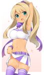  1girl alessandra_susu alternate_hairstyle arm_up armpits belt blonde_hair blue_eyes blush bow breasts cheerleader heart heart-shaped_pupils large_breasts long_hair looking_at_viewer midriff navel nekoume open_mouth ponytail purple_legwear ribbon skirt skirt_lift smile solo sweat symbol-shaped_pupils thigh-highs tokyo_7th_sisters 