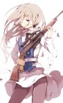  1girl grey_hair gun hiiragi_fuyuki long_hair pantyhose rifle school_uniform solo tsubaki_kureha violet_eyes weapon yuri_kuma_arashi 