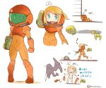  /\/\/\ 1girl adapted_costume arm_cannon artist_name blonde_hair blue_eyes clenched_hand commentary_request directional_arrow helmet metroid metroid_(creature) motion_lines musical_note navel open_mouth pigeon-toed ponytail ridley samus_aran standing sweatdrop translation_request twitter_username underwear weapon 