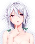  1girl blush bow braid breasts bust finger_to_mouth ginopi hair_bow highres izayoi_sakuya large_breasts looking_at_viewer nude open_mouth red_eyes short_hair silver_hair solo touhou twin_braids 