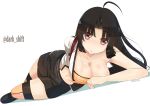  1girl :o ahoge black_hair black_skirt breasts brown_eyes cleavage collarbone hair_intakes kantai_collection large_breasts llowoll long_hair looking_at_viewer low_twintails lying navel on_side open_mouth orange_legwear shouhou_(kantai_collection) simple_background skirt solo thigh-highs twintails twitter_username very_long_hair wet white_background 