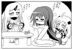  3girls adjusting_hair ahoge blush chibi claws closed_eyes comb comic covered_mouth cup cushion detached_sleeves food hair_ornament hair_ornament_removed horn horns kantai_collection kisaragi_(kantai_collection) mittens monochrome multiple_girls northern_ocean_hime open_mouth ribbed_dress seaport_hime shinkaisei-kan sitting teacup towel translation_request wagashi wakabayashi_makoto wariza youkan_(food) 