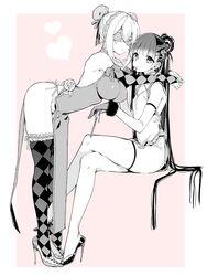  1boy 1girl bare_shoulders blush breasts bridal_gauntlets bun_cover candy checkered checkered_legwear china_dress chinese_clothes crossed_legs double_bun eyepatch fan folding_fan gloves hair_ornament heart high_heels large_breasts lollipop long_hair looking_at_viewer monochrome mukuro_(sakiyo_cake) original sakiyo_cake short_hair simple_background sitting smile thighhighs trap very_long_hair 