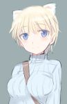  1girl between_breasts blonde_hair blue_eyes blush breasts large_breasts long_sleeves looking_at_viewer lowres nikka_edvardine_katajainen ribbed_sweater shimada_fumikane short_hair simple_background smile solo strap strike_witches sweater weasel_ears 