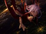  1girl absurdres bare_shoulders breasts center_opening cleavage detached_sleeves elbow_gloves fingerless_gloves gloves guilty_crown hair_ornament hairclip highres long_hair looking_at_viewer open_mouth outstretched_arm pink_hair red_eyes solo thigh-highs twintails yuzuriha_inori 