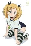  1girl 2015 blonde_hair blush buruma grey_eyes gym_uniform kneeling kueru looking_at_viewer mole mole_under_eye shirobako short_hair simple_background solo striped striped_legwear thigh-highs twintails whistle white_background yano_erika 