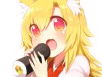  1girl akane_(naomi) animal_ears blonde_hair blush eating fox_ears long_hair naomi_(sekai_no_hate_no_kissaten) open_mouth original red_eyes simple_background smile solo white_background 