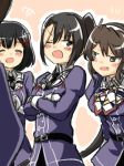  3girls ^_^ ascot ashigara_(kantai_collection) black_hair blush brown_hair closed_eyes crossed_arms engiyoshi fang haguro_(kantai_collection) hair_ornament kantai_collection long_hair long_sleeves military military_uniform multiple_girls nachi_(kantai_collection) open_mouth puffy_long_sleeves puffy_sleeves short_hair side_ponytail uniform wink 