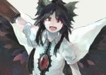  1girl arm_cannon arm_up black_hair black_wings cape hair_ornament hair_ribbon ichiba_youichi long_hair looking_at_viewer open_mouth outstretched_arm portrait puffy_sleeves red_eyes reiuji_utsuho ribbon shirt short_sleeves simple_background smile solo third_eye touhou weapon wings 
