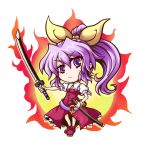  1girl belt bow chibi fire hair_bow katana kiki_fushigi long_hair ponytail purple_hair ribbon solo sword touhou violet_eyes watatsuki_no_yorihime weapon 