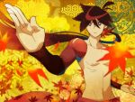  1boy fighting_stance katanagatari leaf long_hair maple_leaf obi ponytail sash shirtless solo very_long_hair yasuri_shichika 