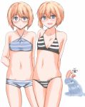  4girls arms_behind_back bikini blonde_hair blue_eyes bob_cut charlotte_e_yeager collarbone erica_hartmann failure francesca_lucchini glasses hakusen-hiki multiple_girls navel open_mouth short_hair siblings simple_background sisters smile strike_witches striped striped_bikini striped_swimsuit surfboard surfing swimsuit ursula_hartmann water waving white_background 