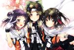  black_hair brown_eyes brown_hair double_bun gloves hair_ornament headband jintsuu_(kantai_collection) kantai_collection long_hair naka_(kantai_collection) ono_tsubame scarf sendai_(kantai_collection) short_hair siblings smile uniform v 