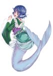  1girl animal_ears blue_eyes blue_hair classictime head_fins highres japanese_clothes kimono long_sleeves mermaid monster_girl obi open_mouth sash short_hair smile solo touhou wakasagihime wide_sleeves 