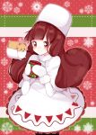  1girl bangs blunt_bangs blush brown_hair capelet cocoa_cookie cookie_run cup dress gloves hamster hat highres long_hair marshmallow marshmallow_hamster mug red_eyes smile snowflake_print snowflakes solo tear_(0614) white_dress white_gloves 