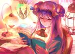  1girl book crescent hat lantern light long_hair patchouli_knowledge purple_hair sitting solo surumeri_(baneiro) touhou violet_eyes 