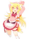  1girl akane_(naomi) animal_ears apron arms_up blonde_hair blush bow fox_ears fox_tail long_hair looking_at_viewer naomi_(sekai_no_hate_no_kissaten) open_mouth original over-kneehighs red_eyes simple_background smile solo tail tareme thigh-highs thigh_strap very_long_hair waist_apron white_background white_legwear 