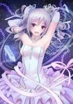  1girl bare_shoulders breasts dress drill_hair elbow_gloves gloves idolmaster idolmaster_cinderella_girls kanzaki_ranko long_hair open_mouth red_eyes sai-go silver_hair smile solo twin_drills twintails 