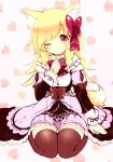  1girl akane_(naomi) animal_ears blonde_hair blush bow fox_ears fox_tail heart long_hair naomi_(sekai_no_hate_no_kissaten) one_eye_closed original red_eyes solo tail thigh-highs 