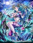  1girl aqua_hair bare_shoulders blush breasts cleavage clouds esukee hair_ornament large_breasts looking_at_viewer midriff moon navel night night_sky official_art original outstretched_arm red_eyes ribbon seisen_cerberus sitting skirt sky smile solo wand water water_dragon wings wristband 