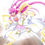  1girl :d aino_megumi aitaso boots bow brooch cure_lovely forever_lovely hair_bow happinesscharge_precure! jewelry long_hair magical_girl open_mouth pink_eyes pink_hair pink_skirt precure ribbon skirt smile solo thigh-highs thigh_boots white_legwear wrist_cuffs 