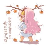  1girl antlers artist_request barefoot blush character_request commentary_request fake_antlers food from_behind fruit hand_on_hip hands_on_hips horns long_hair orange original pink_eyes pink_hair shadow smile solo sparkle standing translation_request 