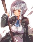  1girl ascot breasts dress ice_axe_(ole_tower) mataichi_matarou monocle ole_tower red_eyes short_hair silver_hair smile solo weapon 