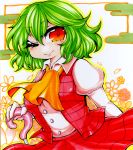  1girl ascot clouds flower green_hair kazami_yuuka one_eye_closed plaid plaid_skirt plaid_vest red_eyes shikishi short_hair skirt skirt_set smile solo surigoma touhou traditional_media umbrella 