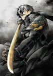  1boy armor black_hair dotanuki_masakuni_(touken_ranbu) gloves highres karasuneko1313 scar solo sword touken_ranbu weapon yellow_eyes 